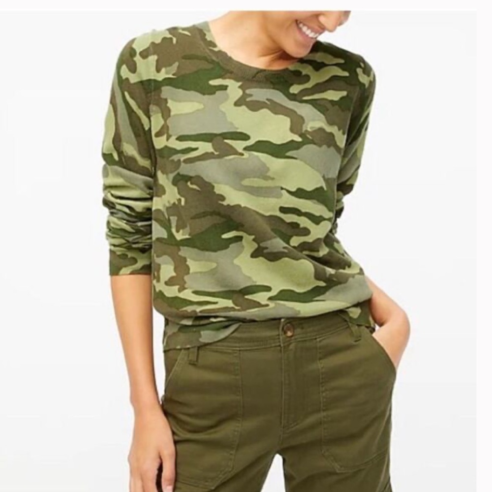 J. Crew Olive & Forest Green Camo Cotton Crewneck Sweater
